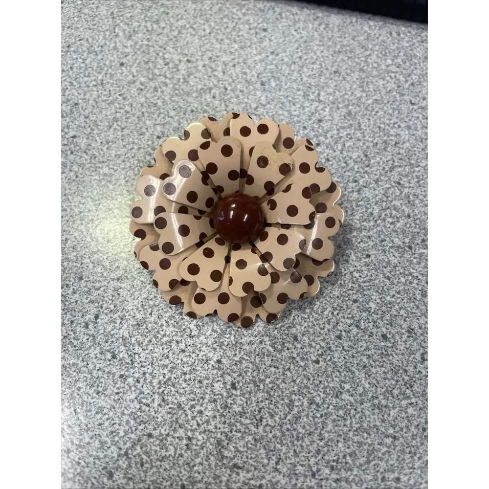 Vtg 1960s Mod Enamel Flower Brooch Pin Brown Polka Dot 3-Tier